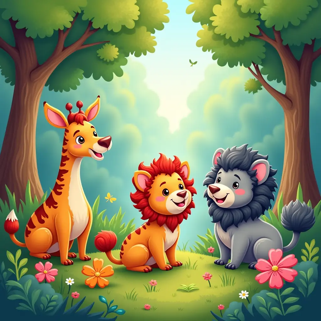 colorato, dettagliato, di alta qualità, 4k, arte digitale, Un'illustrazione vibrante per un libro per bambini con animali amichevoli in una foresta fantastica, con colori vivaci ed espressioni giocose, Un'illustrazione vibrante per un libro per bambini con animali amichevoli in una foresta fantastica, con colori vivaci ed espressioni giocose.