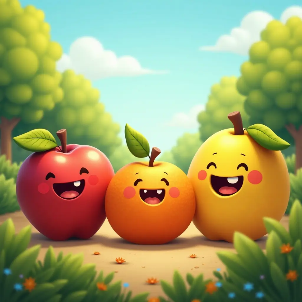 divertente e colorato, 4k, Una scena giocosa con frutti personificati come mele, arance e banane che si godono una giornata di sole in giardino.