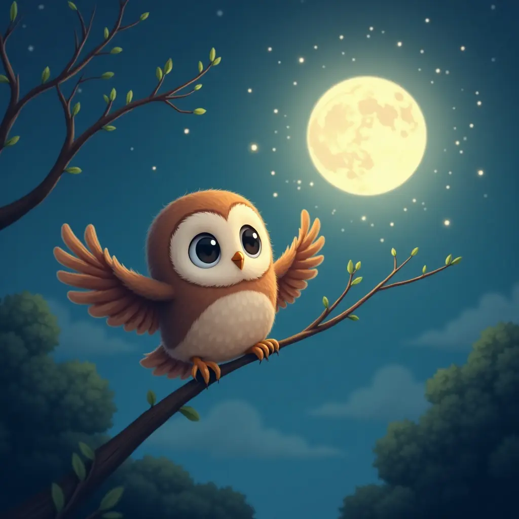 4k, morbido, colori notturni, Una commovente illustrazione di un libro per bambini di un gufetto che impara a volare sotto una dolce luce lunare.