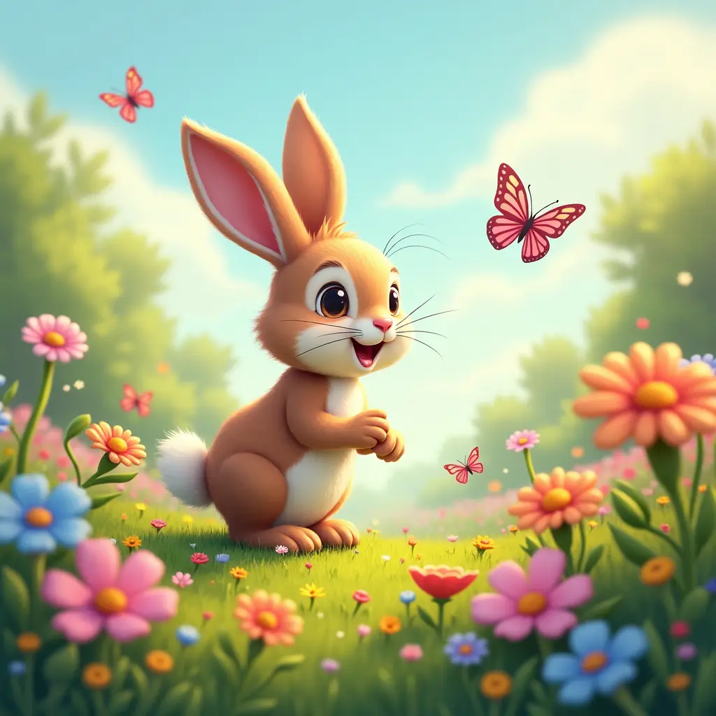 4k, colori vibranti, stile carino, Un coniglietto amichevole che esplora un giardino colorato, incontrando farfalle, fiori e altri piccoli animali.