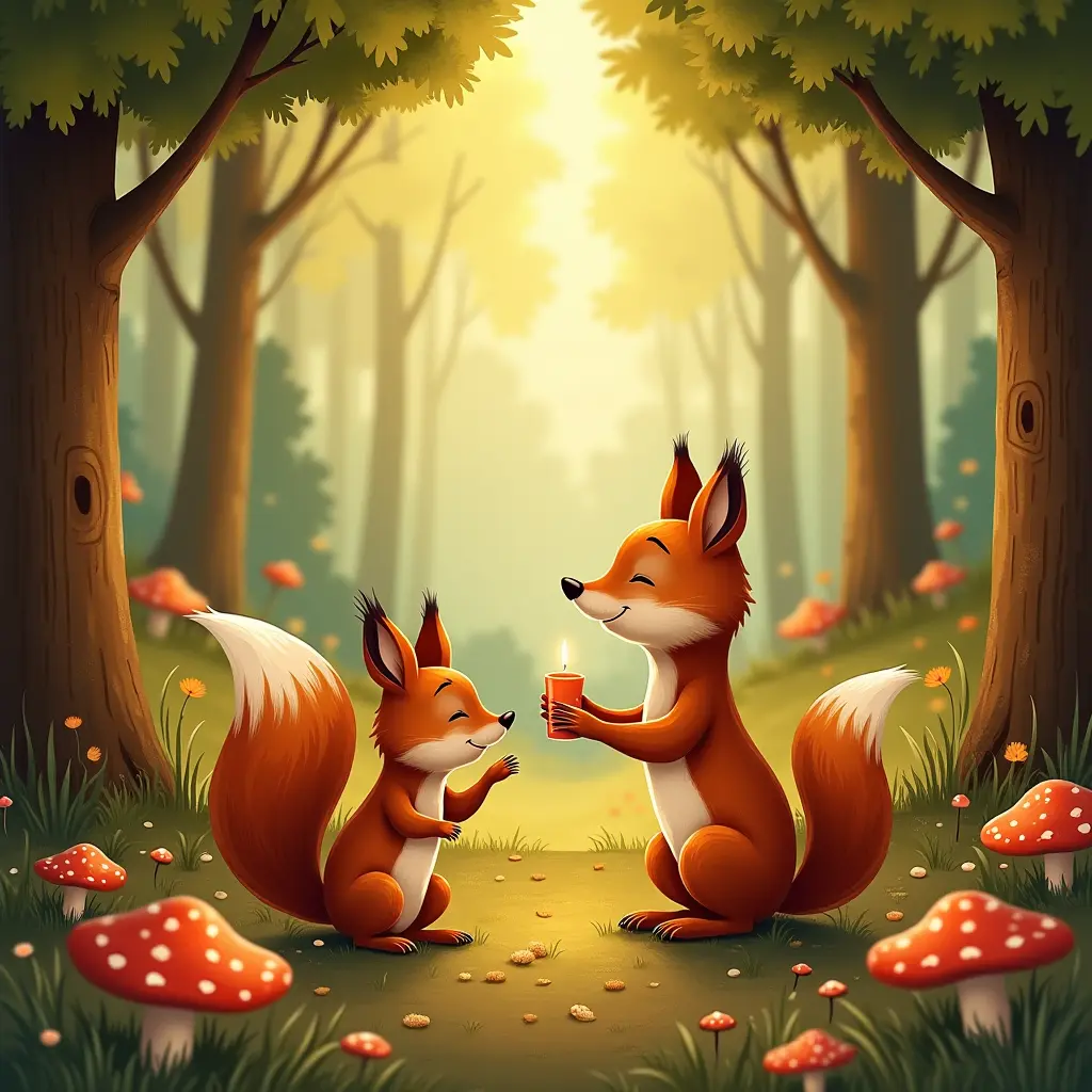 illustrazione calda, vintage, 4k, Libro per bambini con uno scoiattolo giocoso e una volpe saggia in una foresta accogliente, circondata da funghi, alberi e piccoli dettagli boschivi.