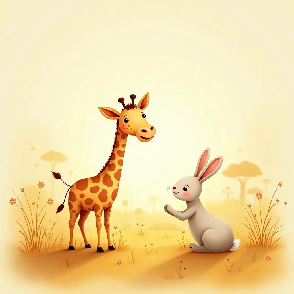 caldo, illustrazione vintage, 4k, stile acquerello morbido, libro per bambini con una giraffa amichevole e un coniglio giocoso che esplorano la savana, con colori delicati e sfondi rilassanti.