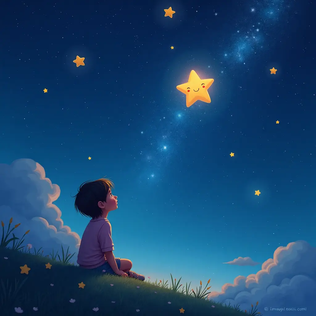 sognante, scena notturna, 4k, illustrazione digitale, Una magica storia della buonanotte con stelle amichevoli e un piccolo bambino che guarda con stupore il cielo notturno scintillante.