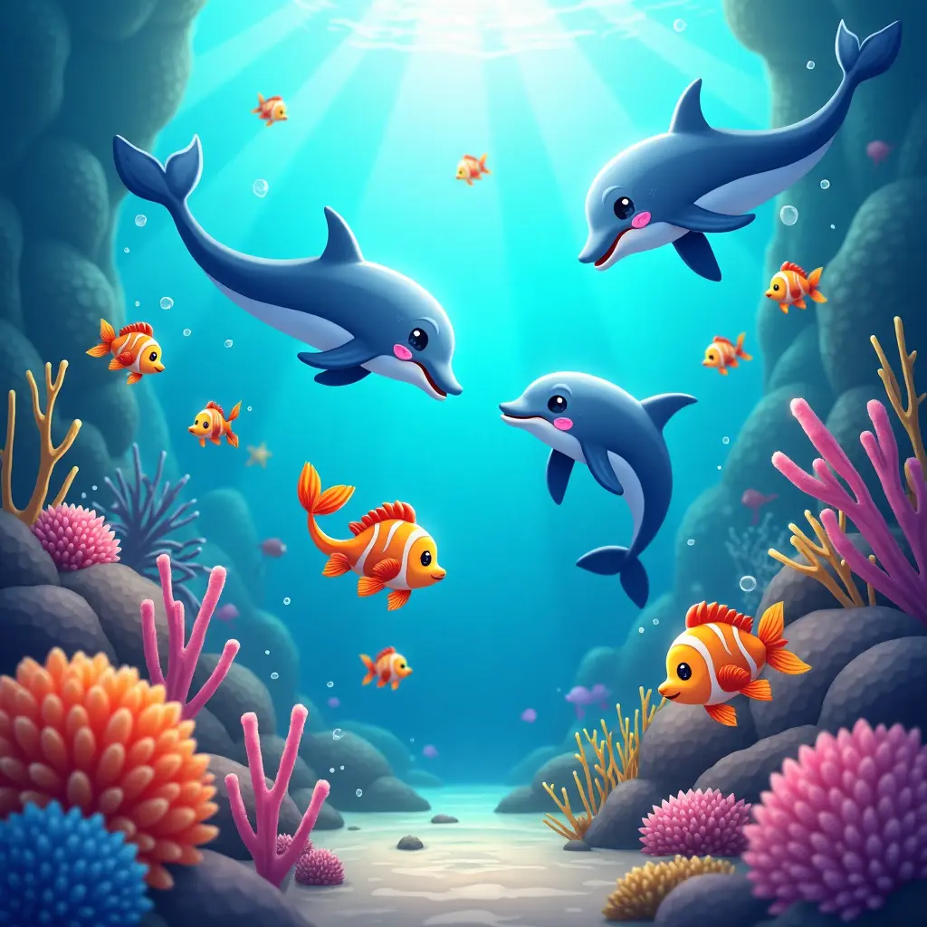 4k, luminoso e colorato, capriccioso, animali oceanici, Una scena subacquea gioiosa con pesci amichevoli, delfini e creature marine giocose che esplorano una barriera corallina.