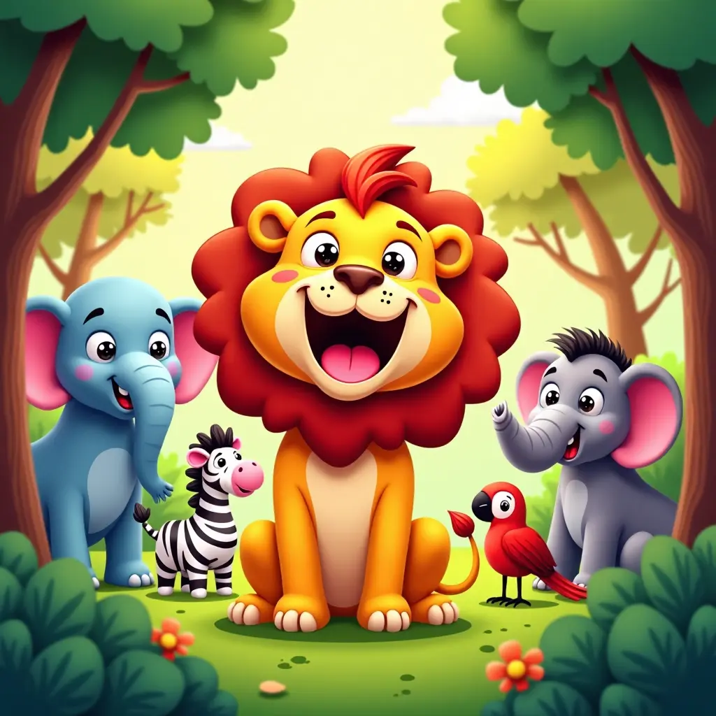 4k, grassetto, colorato, stile cartoon, Una pagina di libro per bambini che presenta un leone gioioso che organizza una festa nella giungla con altri animali come elefanti, zebre e pappagalli.