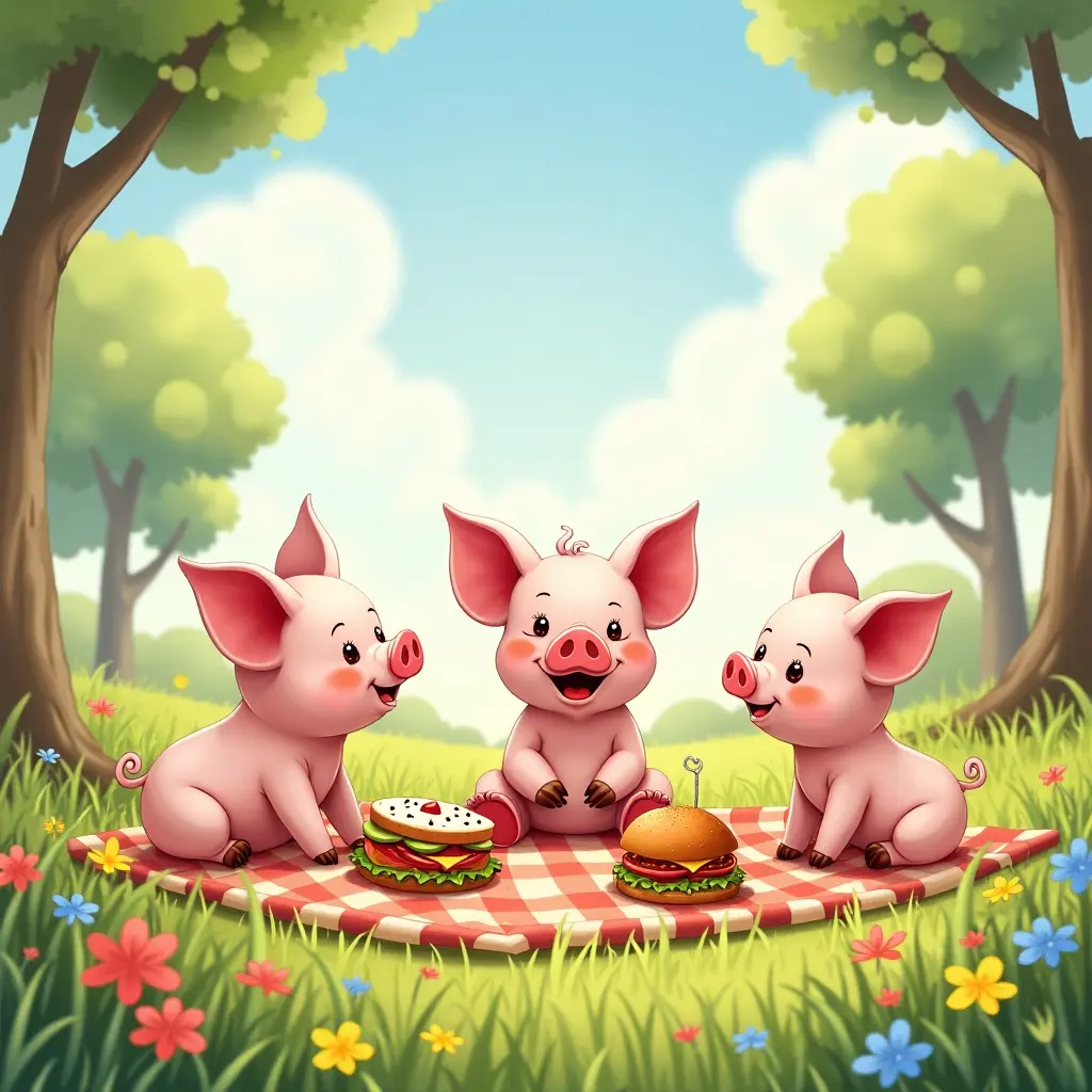 4k, stile acquerello delicato, Illustrazione per bambini di un felice maialino che fa un picnic con gli amici in un prato soleggiato, circondato da fiori e alberi.
