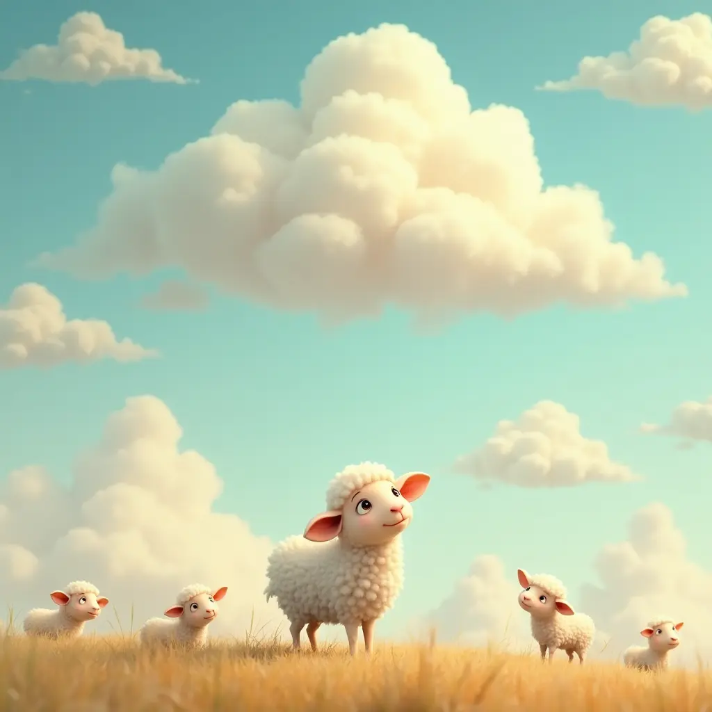 4k, stile pastello morbido, colori caldi, Una pecora curiosa che guarda le nuvole soffici in un grande cielo aperto, con altri animali che si uniscono all'avventura.